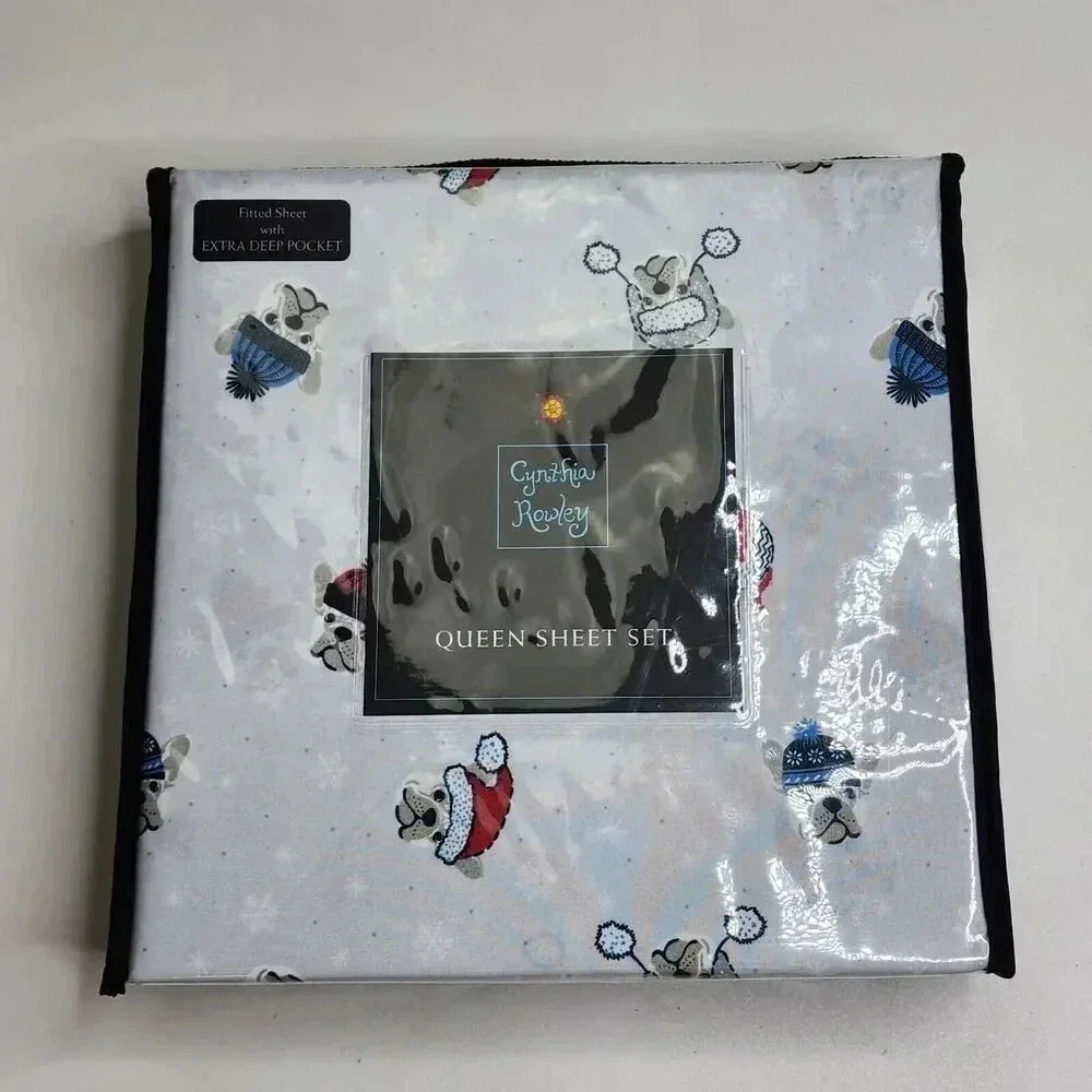 Cynthia Rowley Queen Sheet Set with Two Pillowcases Dogs Hats Winter Snow‎ New